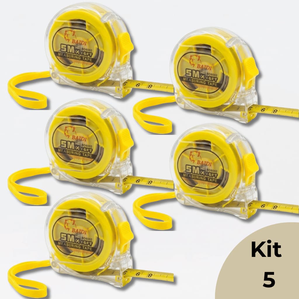 Kit 5 Trena Fita Métrica Trava Manual 5 Metros Suporte para Cinto Profissional Medida Precisão Baidi