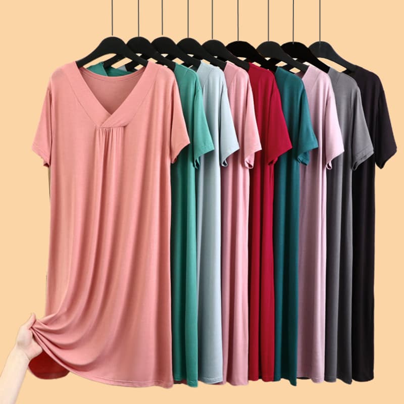 Modal com decote em V camisola verão fino tamanho grande vestido de manga curta solto grande balanço saia cor sólida cas