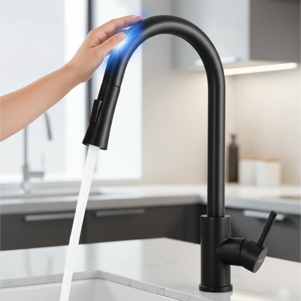 Torneira De Cozinha Touch Gourmet Extensível Aço Com Sensor Cor Preto