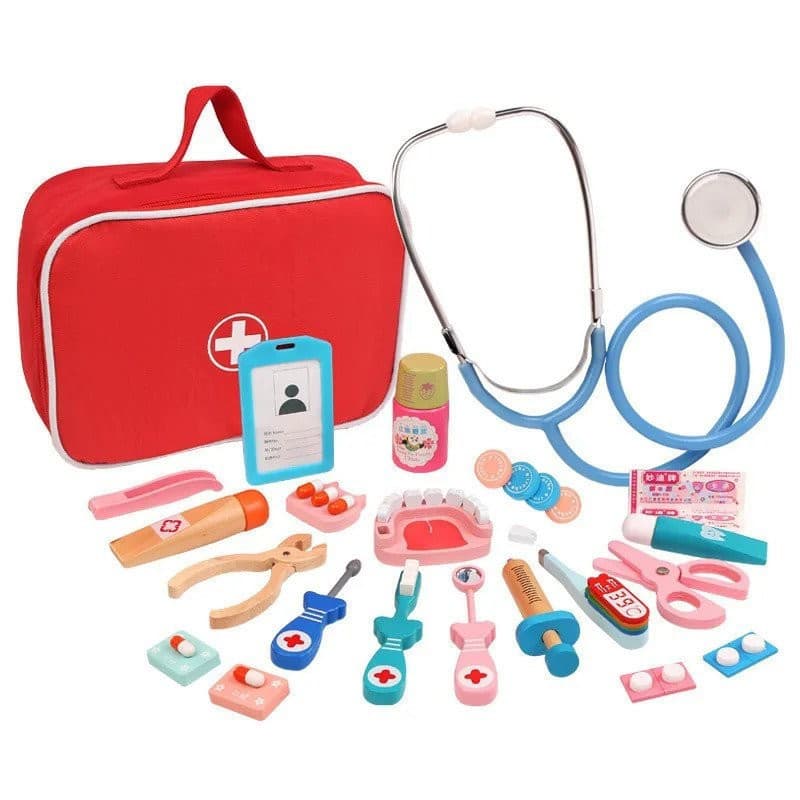 Brinquedos Educativos de Madeira para Crianças, Conjunto de Simulação Médica, Caixa de Medicina para Brincar de Doutor