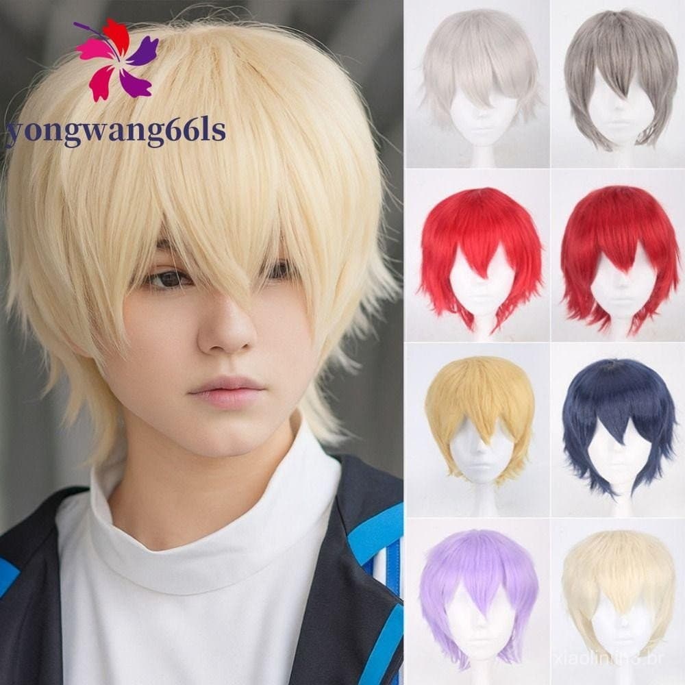 YONGWANG Anime Cosplay Perucas , Cabelo Sintético Vermelho Branco Rosa Curto E Reto , Masculinas Multicoloridas Em Camad