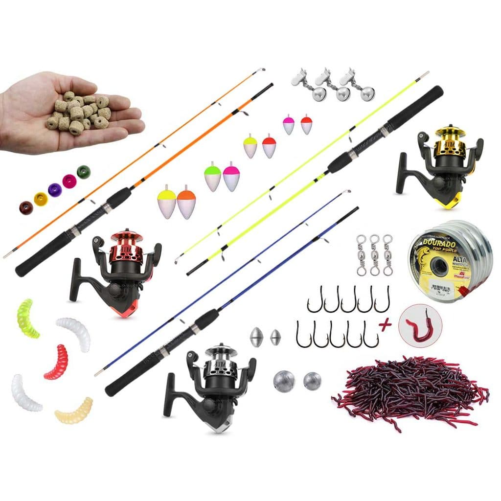 Kit de Pesca c/ 3 Varas Para Molinete 1,20m + 3 Molinetes + Acessórios (Ref. 95)