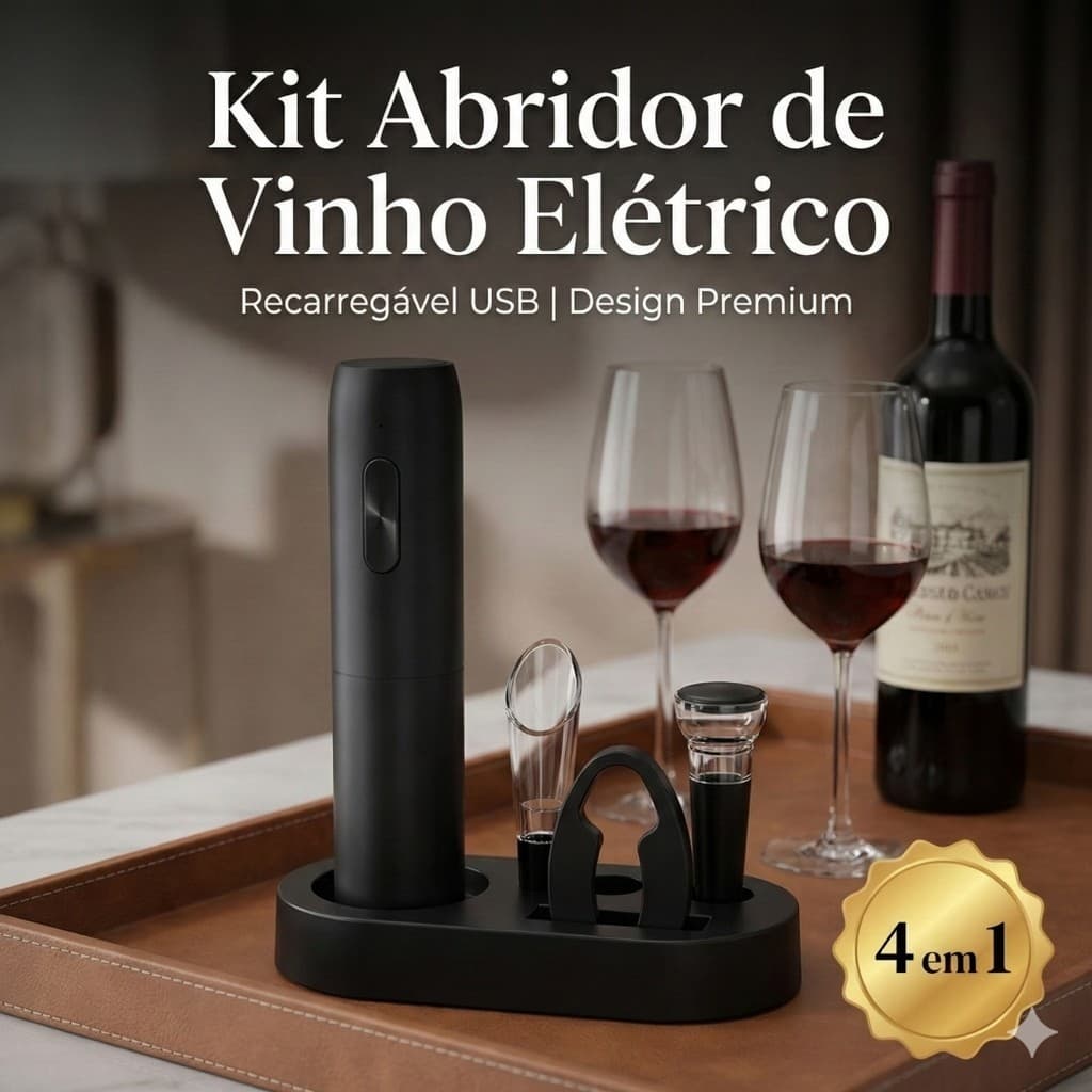 Kit Abridor de Vinho 4 Peças Elétrico com Base para Garrafas de Vinho