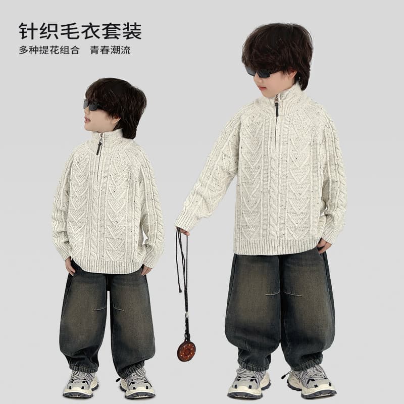 Terno de menino de trabalho médio, suéter de malha com gola alta, calças jeans de lã, duas peças, roupa de inverno na mo