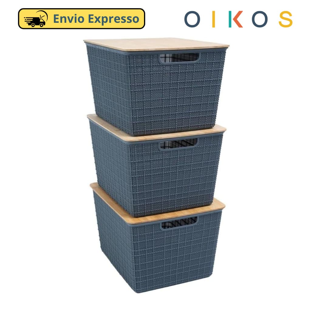 Kit 3 Caixas Organizadoras Tampa De Bambu Multiuso Cinza 18L