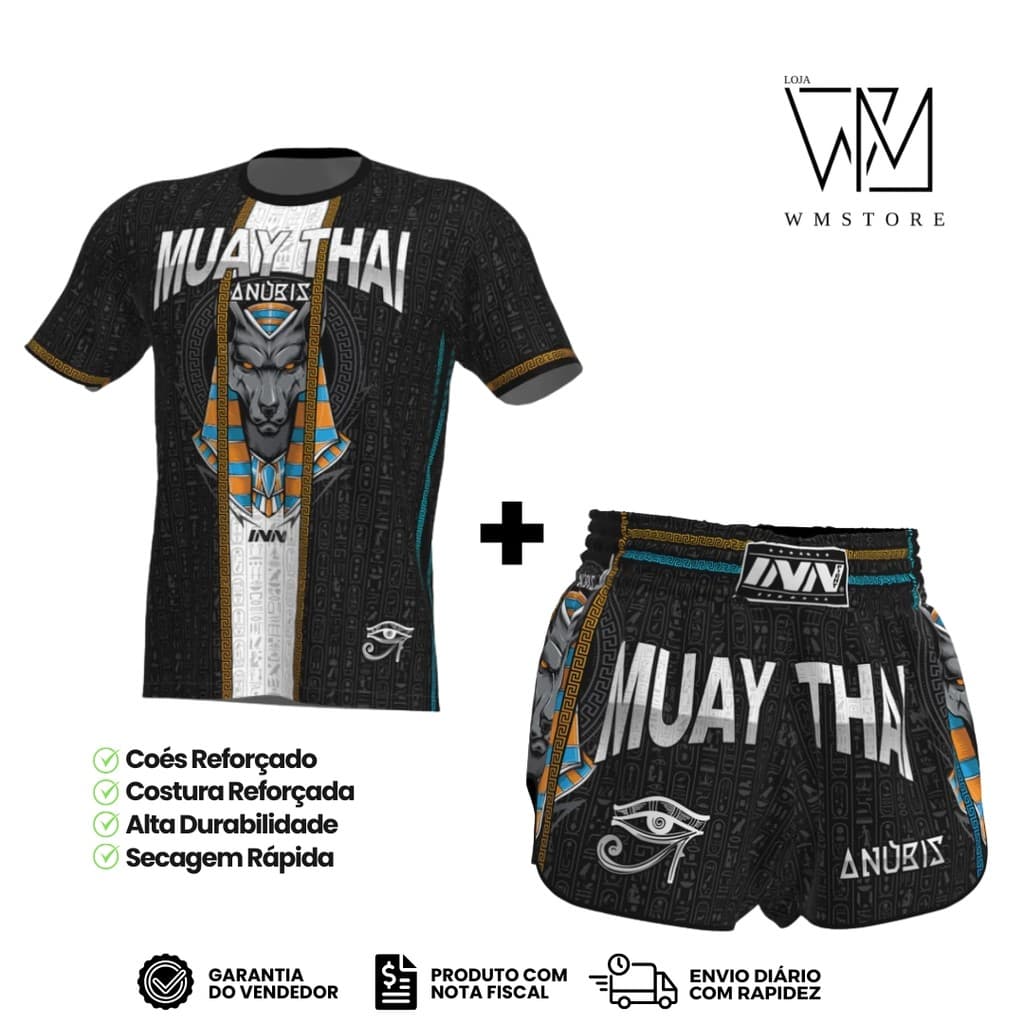Conjunto Camiseta e Short Muay Thai Unissex Anúbis Preto