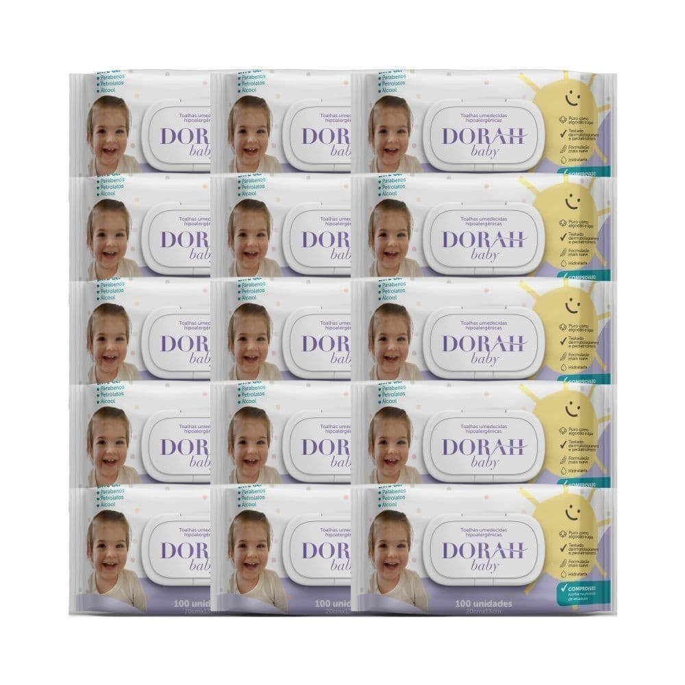 Kit com 1500 Lenços Umedecidos SEM Álcool Dorah Baby com Tampa Flip Top (15un x 100 Fls) - Proteção + Limpeza