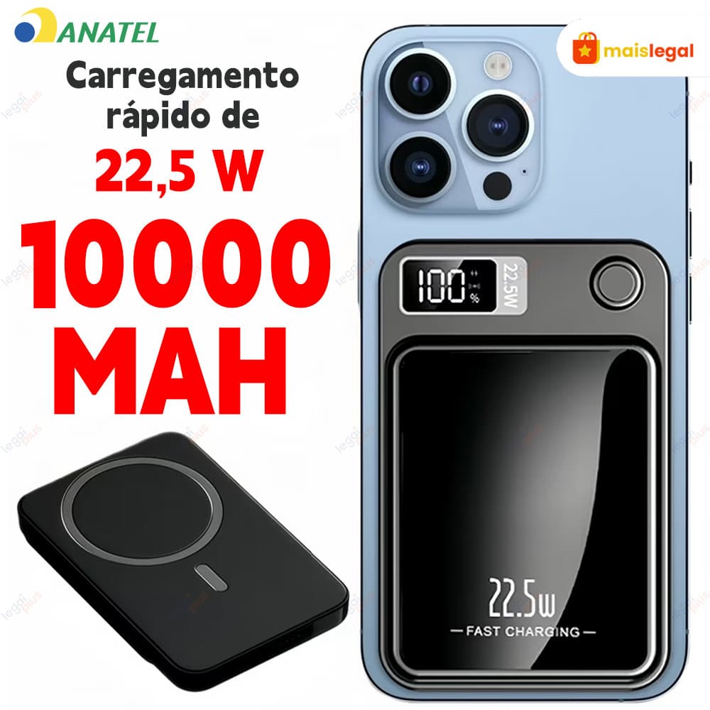 Power Bank MagSafe 10000 mAh com Tela - Carregador Sem Fio por Indução para Celular Android e iPhone