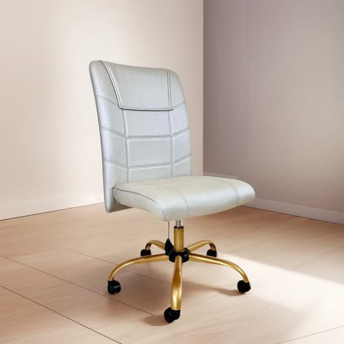 Cadeira Presidente Luxo Sem Braço - Base Dourada Giratória - Off-White - Couro sintético