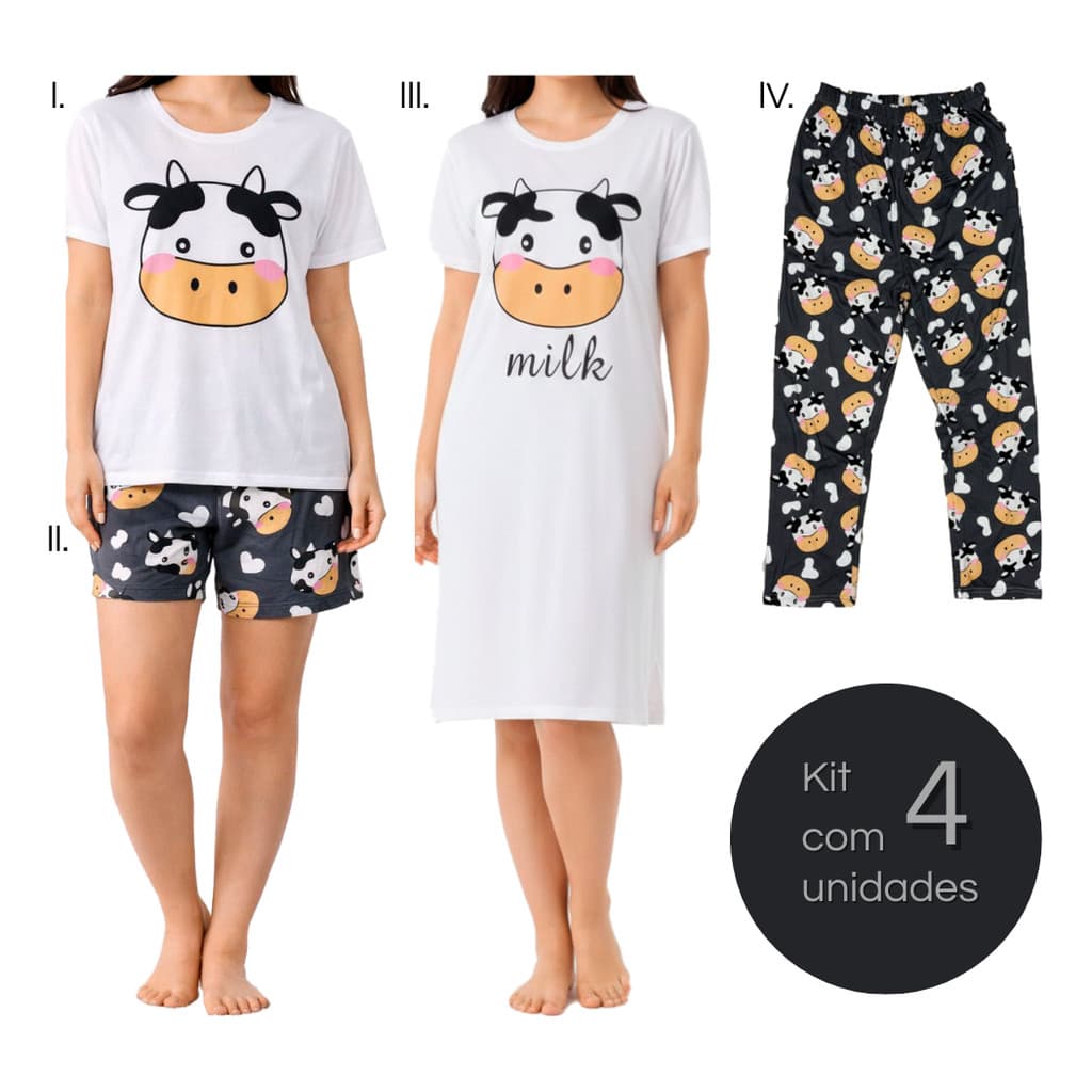 Kit 4 Peças Conjunto Pijama Feminino Estampado Suave Confortável para a Noite l Leve Mais 898
