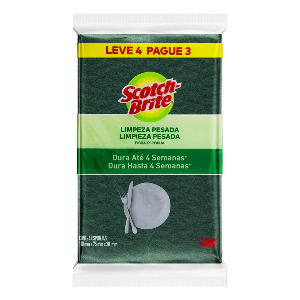 Esponja Multiuso Scotch-Brite 3M Limpeza Pesada Sintética Amarela 4 Unidades
