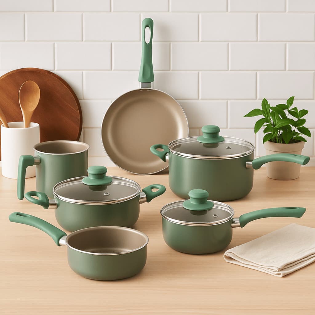 Jogo 5 Panelas Milan Verde Revestimento Cerâmico Antiadherente Cabo Ergonômico Cozinha Moderna