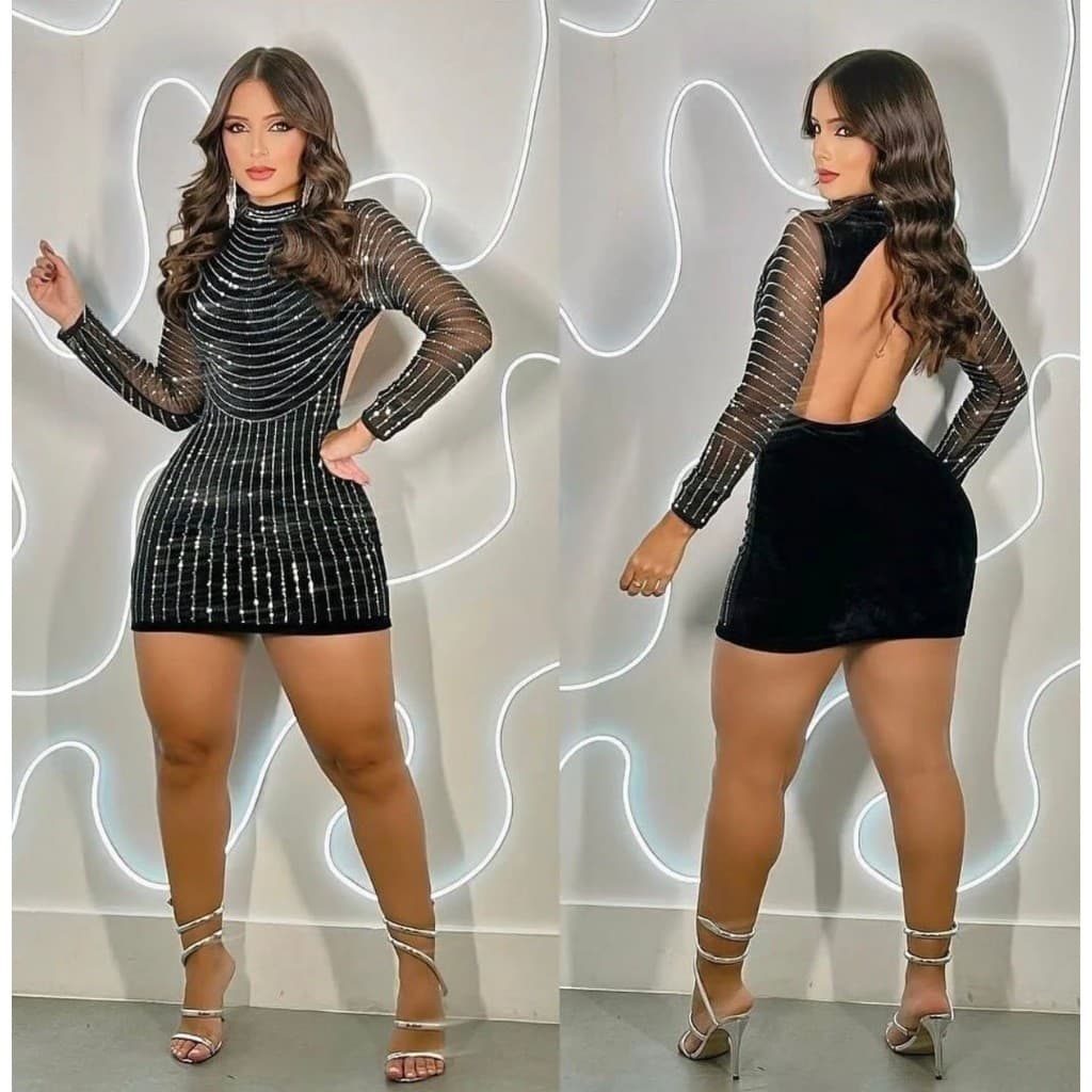 Vestido Curto de Festa Balada Manga Longa veludo com Strass e Tule Transparente, vestido festa curto, vestido balada.