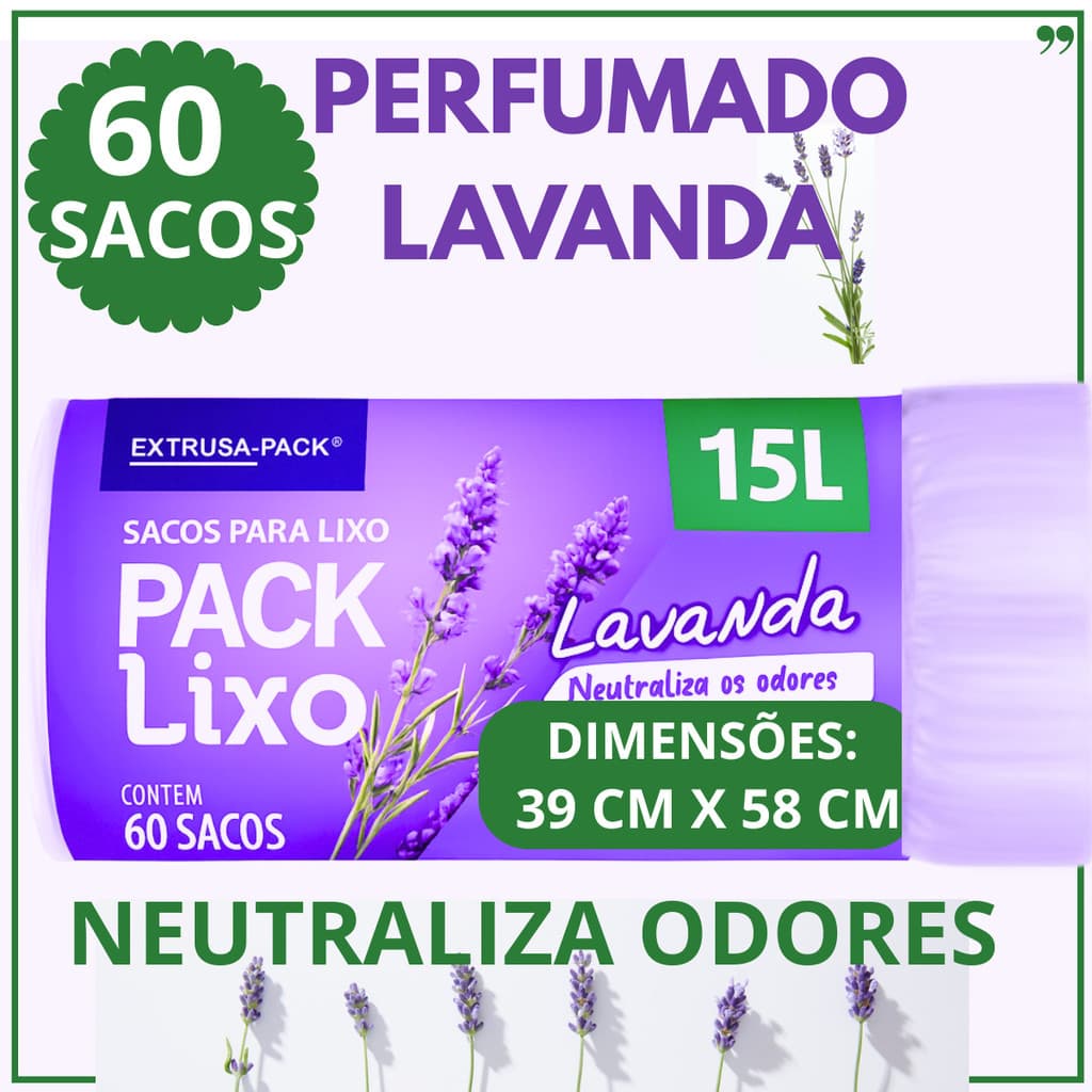 Saco de Lixo Lavanda 15L – 60 Unidades | Perfumado, Reforçado, Neutraliza Odores | 39x58 cm