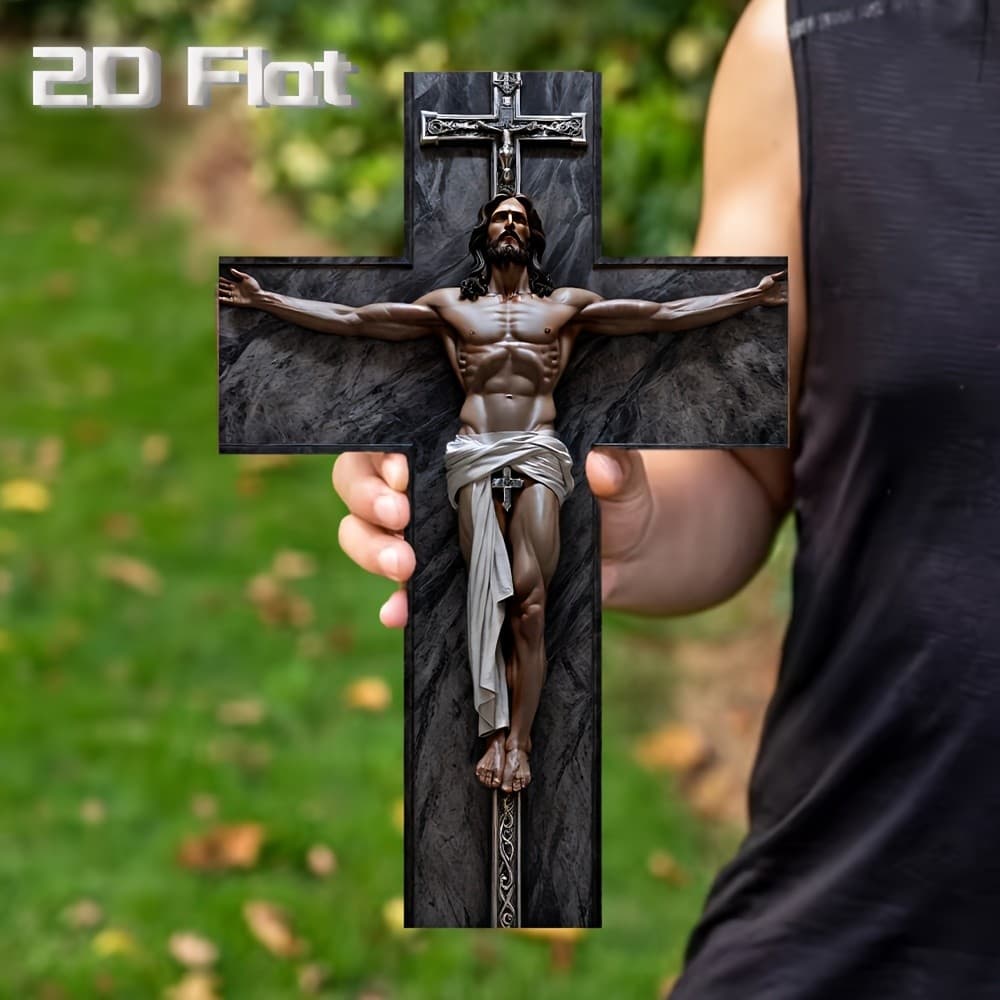 Um, 2D plano, Cruz de madeira vintage clássica, Item decorativo para sala de oração em casa, Cruz montada na parede (8*1