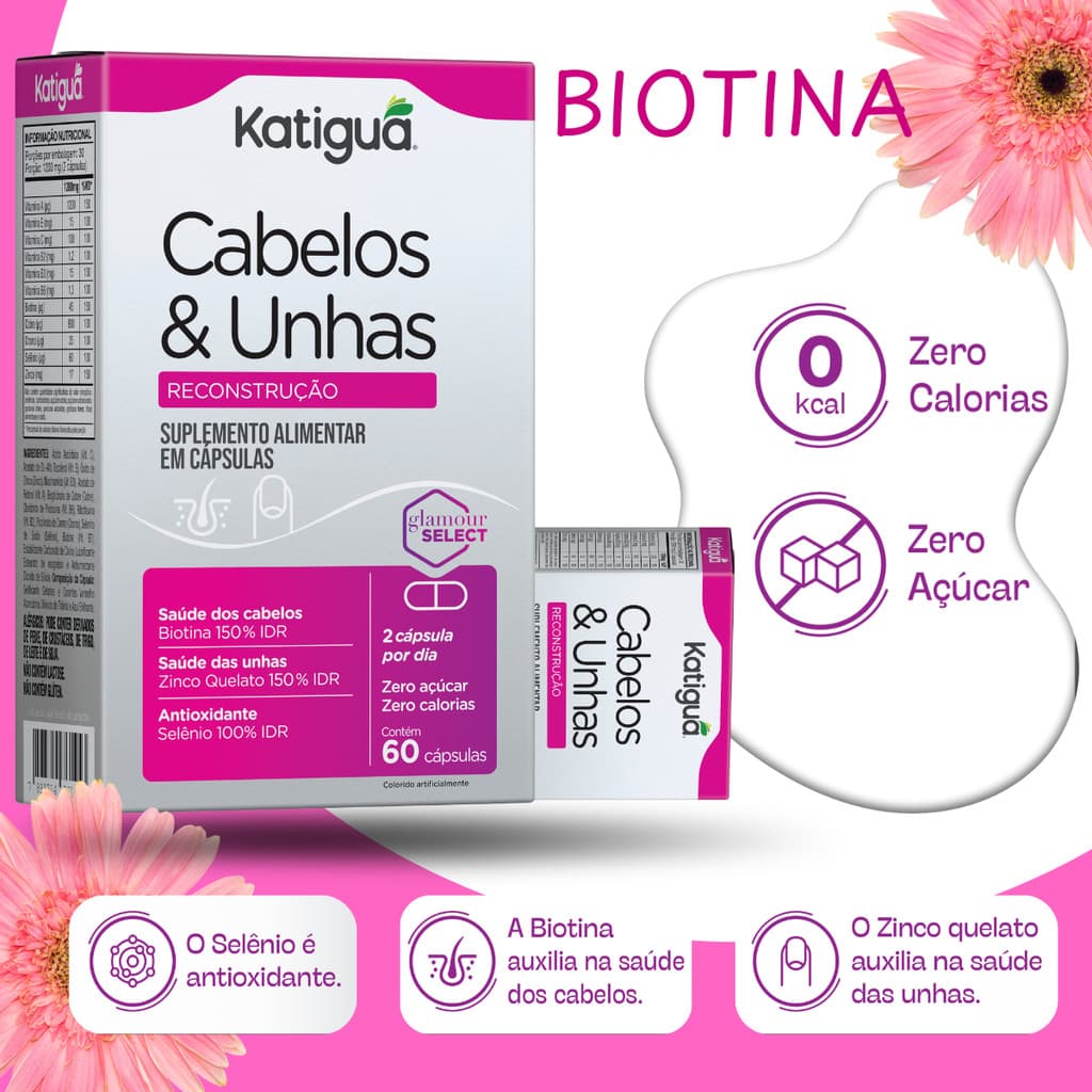 Biotina Cabelos Unhas Reconstrução 60 Cáp Suplemento Zinco Quelato Forte Resistente