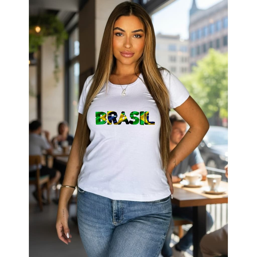Blusa Feminina Gola Careca Manga Curta Tshirt Basica Blusinha Copa do mundo Brasil verde escuro 100% Algodao