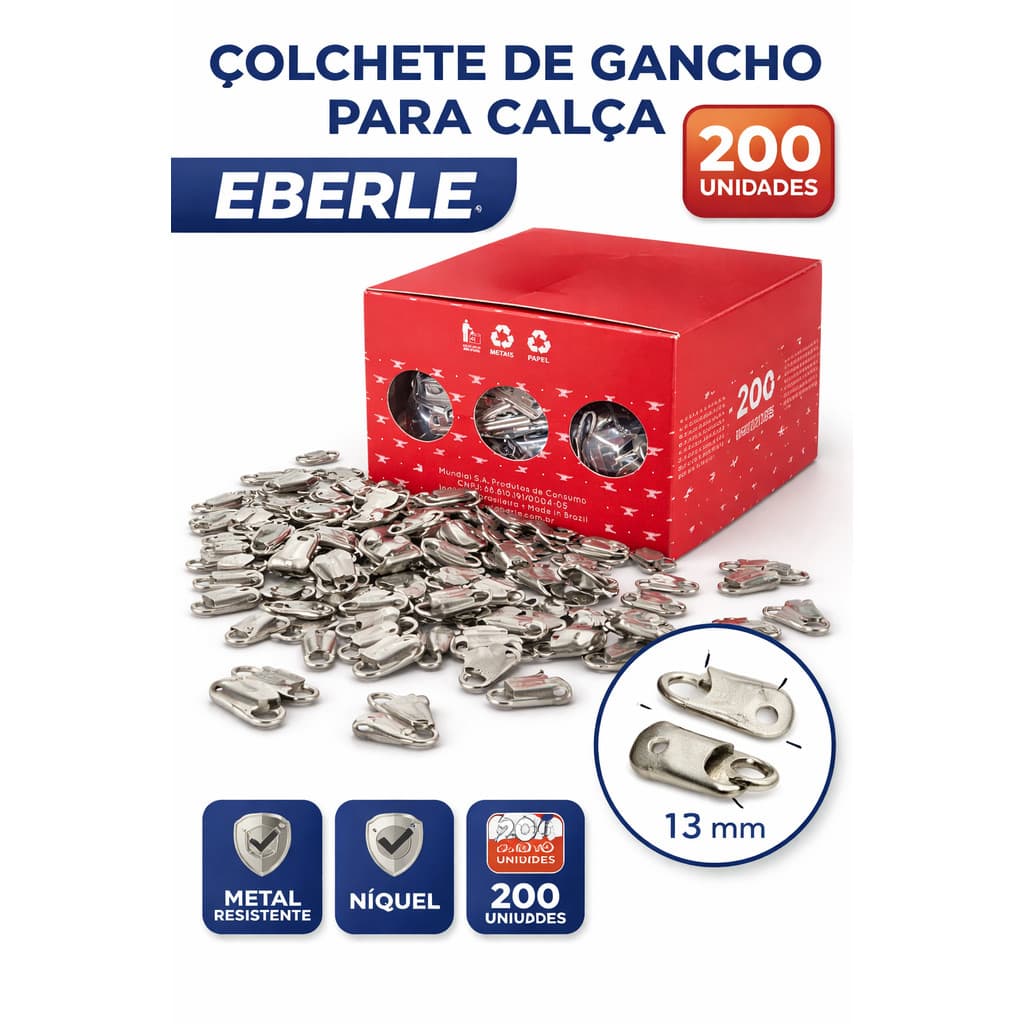 Colchete De Gancho Pra Calça Eberle 200 Un Níquel 13Mm