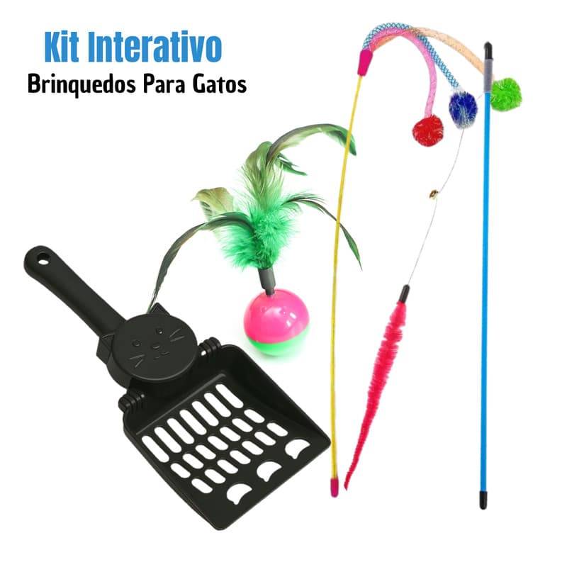Kit Brinquedos Para Gatos Varinha Cobrinha 2x + Bola João + Pá Para Areia Caixa De Gato Pet Interativo