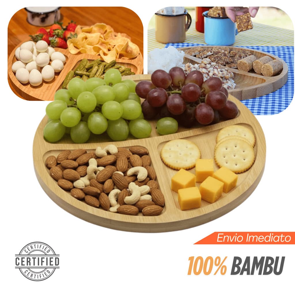 Petisqueira De Bambu Redonda Com 3 Divisória Tábua Porção Churrasco Frios