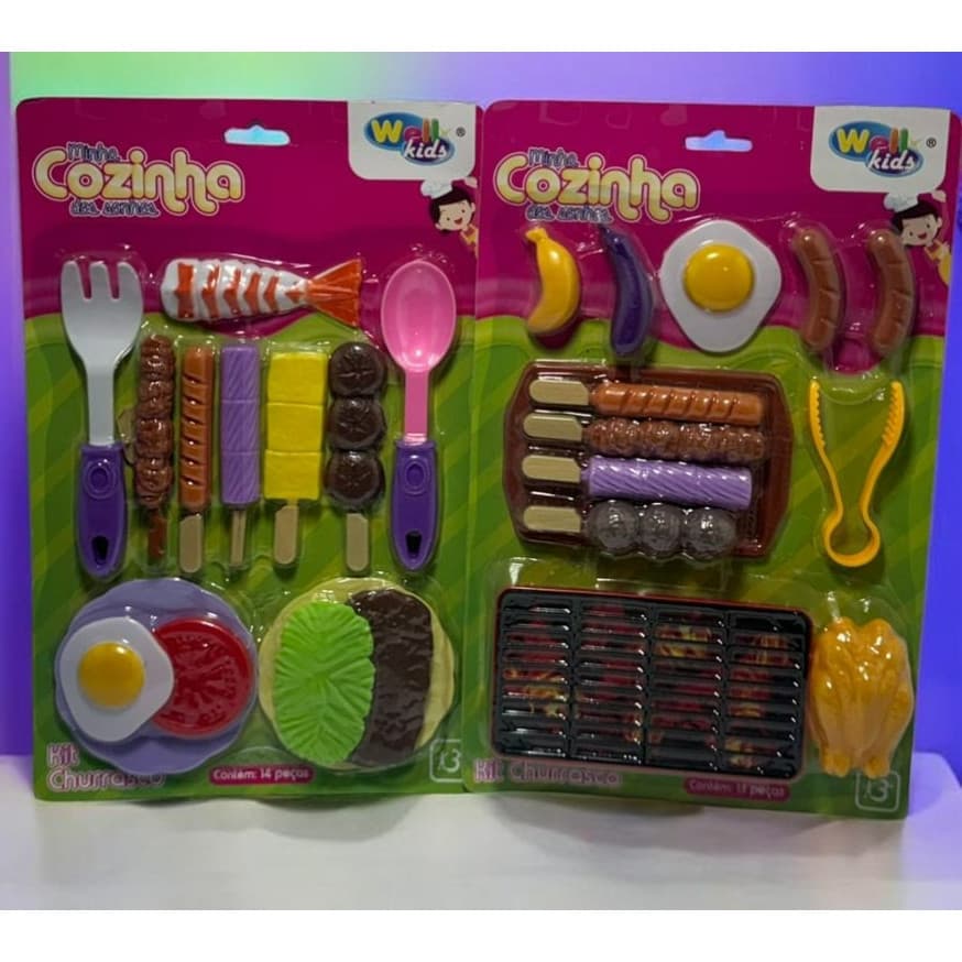 Kit Churrasco Infantil 14 Peças Wellkids | BrinQ Cozinha Faz de Conta Menina 3+/Composto por 2 Kits