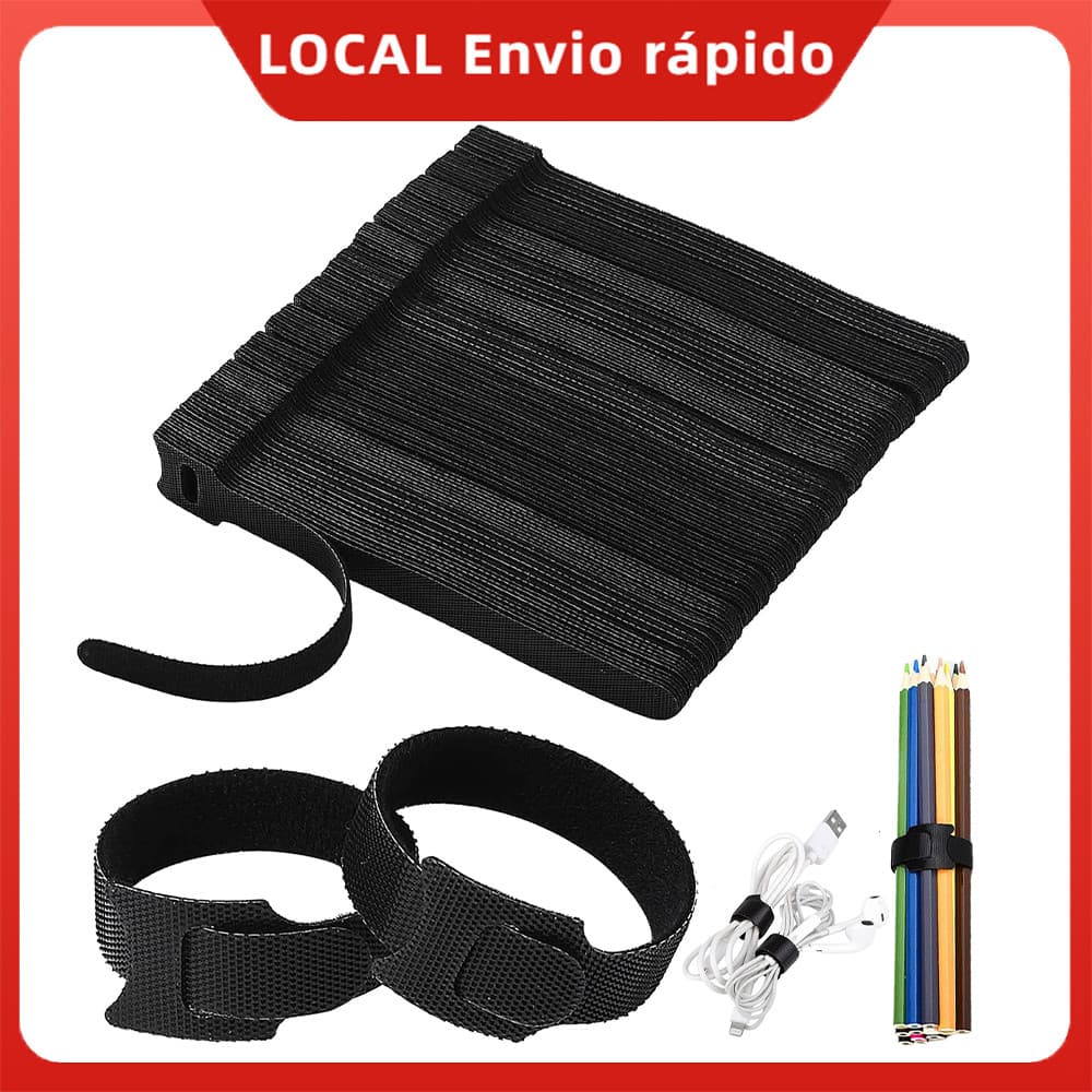 100 Peças Velcro Preto 12x150mm Organizador - Abraçadeiras Reutilizáveis Ajustáveis p/ Cabos Casa e Escritório