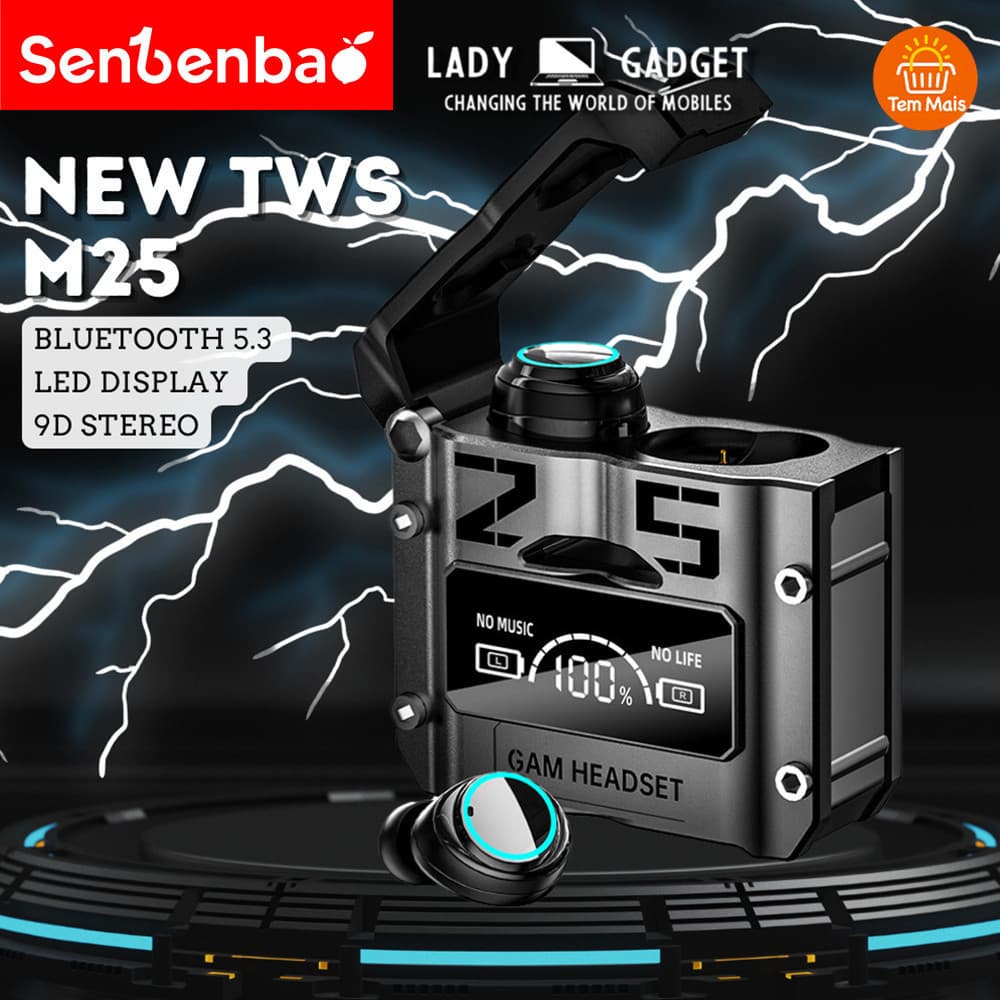 Senbenbao M25 Mini Fone De Ouvido À Prova D'água TWS Fones Sem Fio Bluetooth 5.4 Com Som Estéreo 9D , Microfone LED Espo