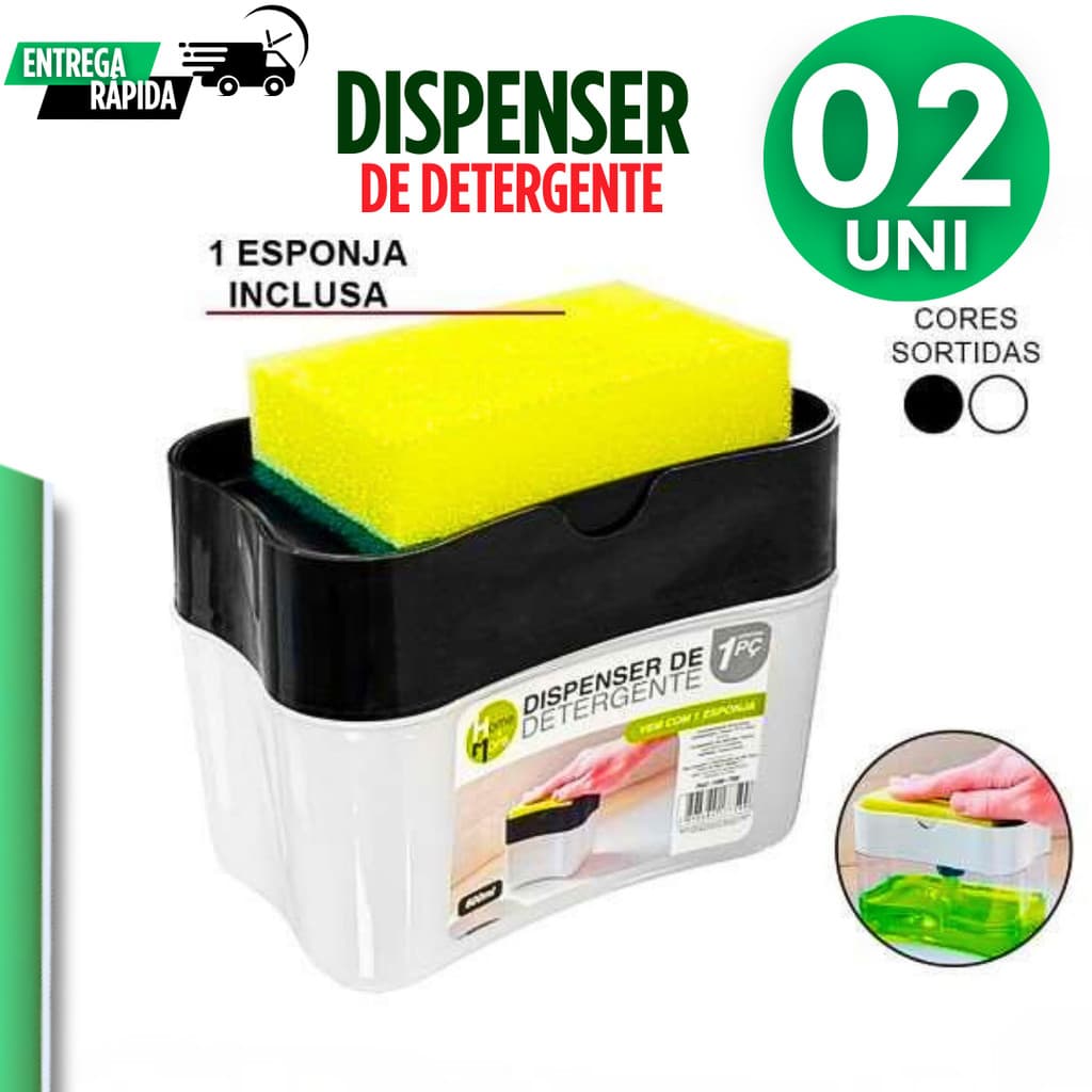 Dispenser de Sabão Líquido e Detergente com Suporte para Esponja – Acompanha 1 Esponja Kit C/ 2 ou 1 UN