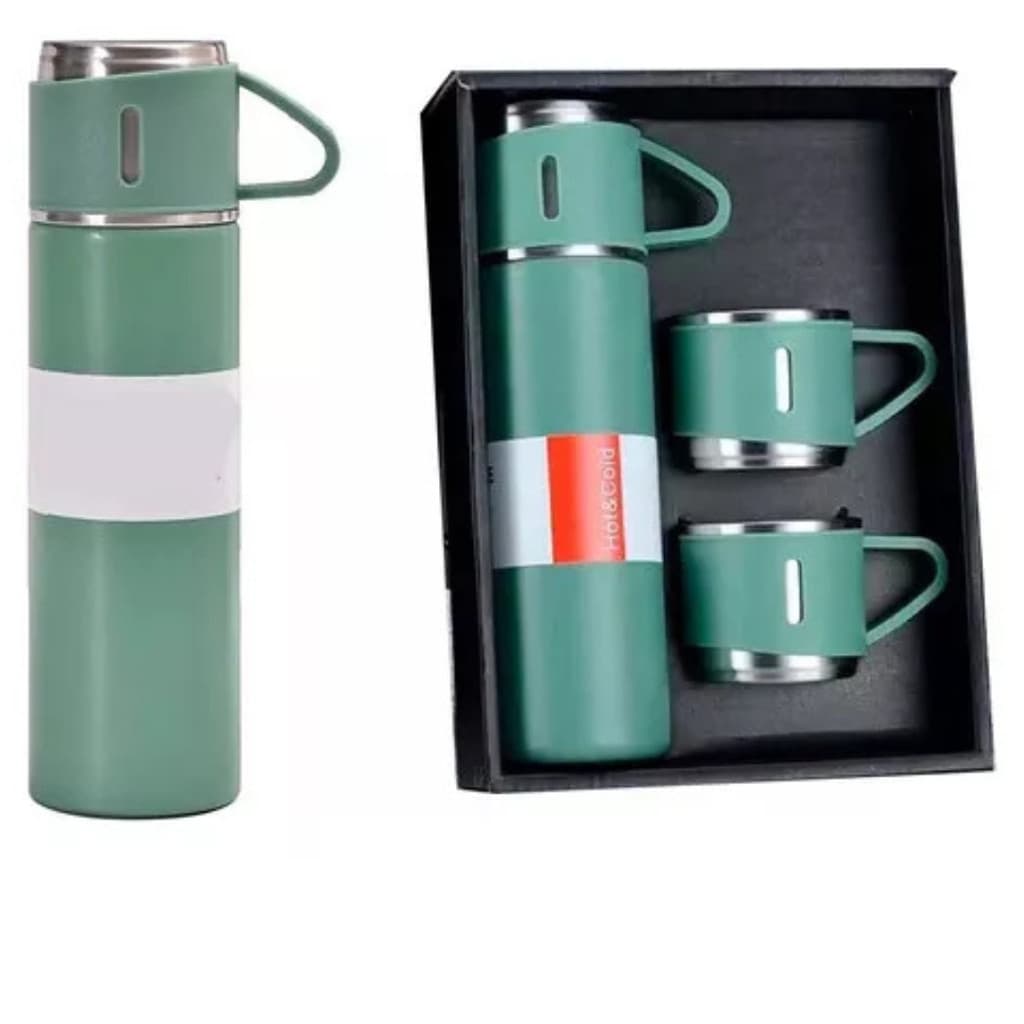 VERDE - Jogo de Garrafa Térmica 500ML + 3 Xícaras Aço Inoxidável