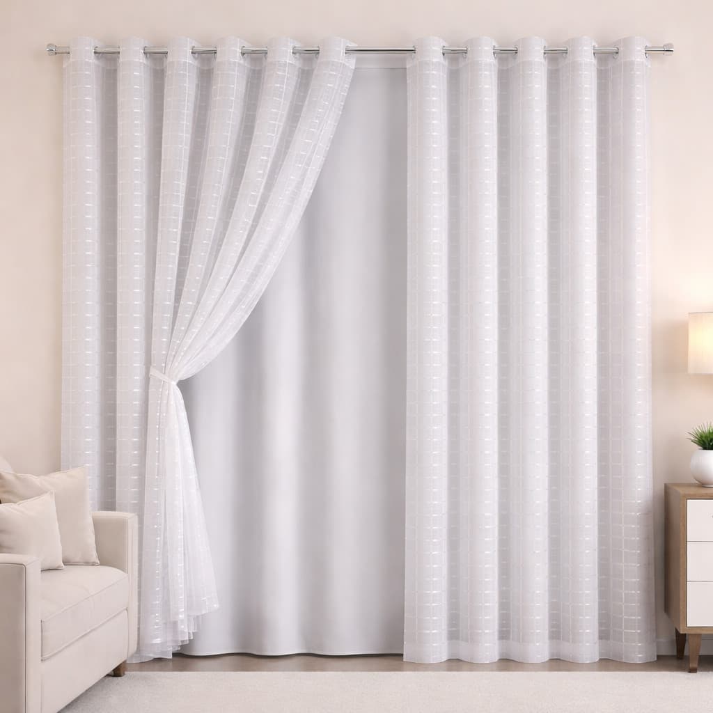 Cortina 1 Parte Blackout PVC (1,40m x 1,80m) Com Tecido Premium Voil Xadrez