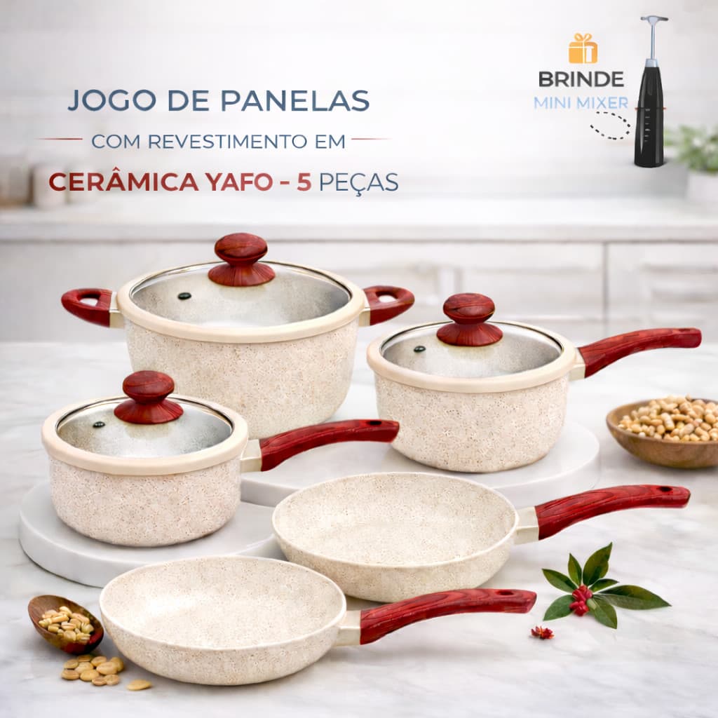 Panelas Yafo Jogo 5 Peças Revestimento Nano Cerâmico Premium Luxo Antiaderente Para Gás E Indução