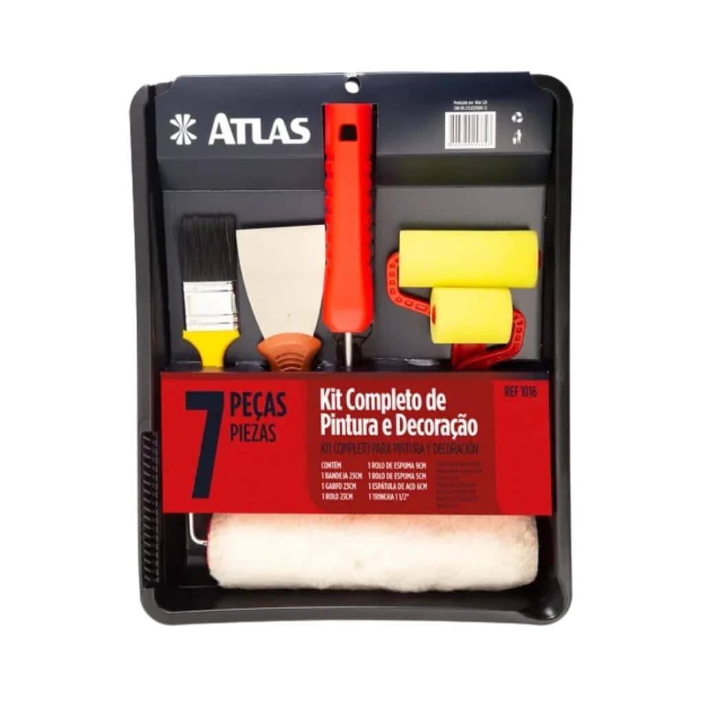 Kit Pintura Atlas 7 Peças Original Rolo Lã Bandeja Trincha Garfo Espuma Anti Respingo Profissional