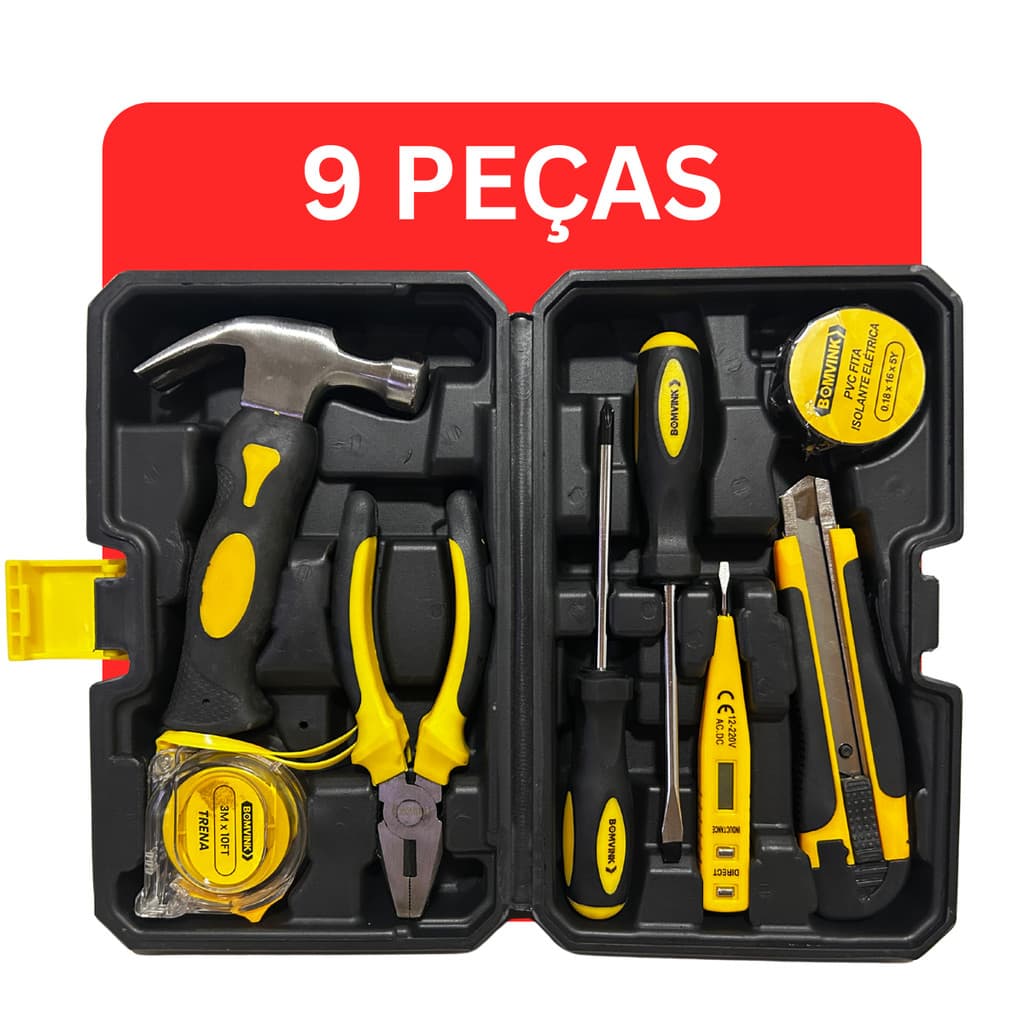 Kit 9 Peças de Ferramentas | Martelo Alicate Trena Estilete Chave Fenda Testador Caixa