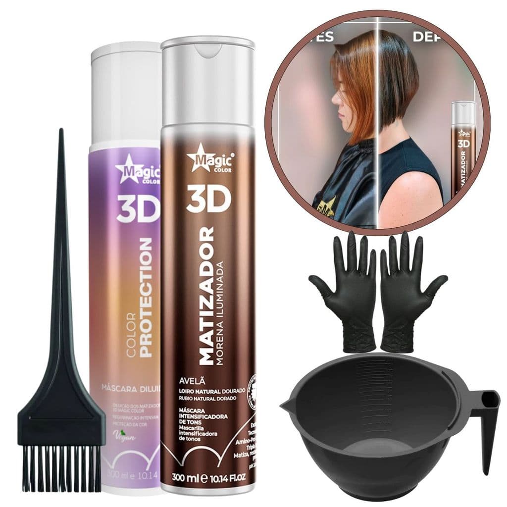 Kit Matizador Morena Iluminada Avelã 300ml + Mascara Diluidora 300ml Magic Color + Cumbuca + pincel + luvas