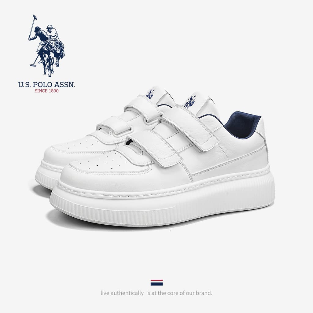 USPA American Polo Association Sapatos Brancos Genuínos Masculinos 2025 Novo Estilo Velcro Casual Masculino Tênis de Cou