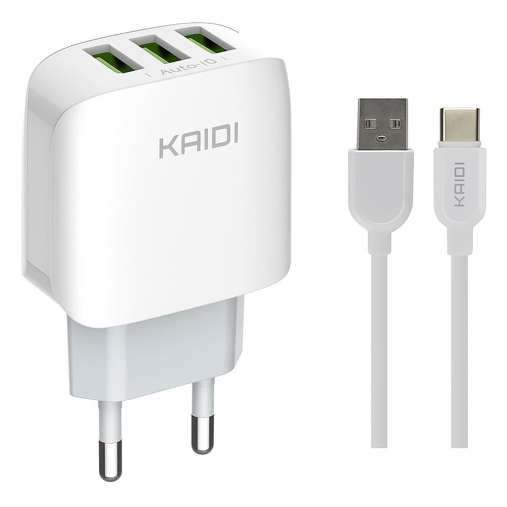 Carregador Rápido Kaidi Triplo Usb 3.1A + Cabo Tipo C - KD-557C