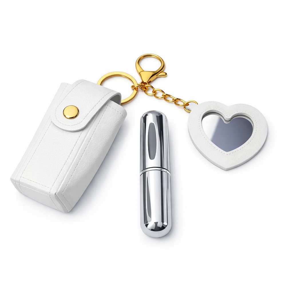 Kit Porta Perfume Recarregável 5ml + Espelho Coração e Bolsinha Porta Baton Compacta de Bolsa