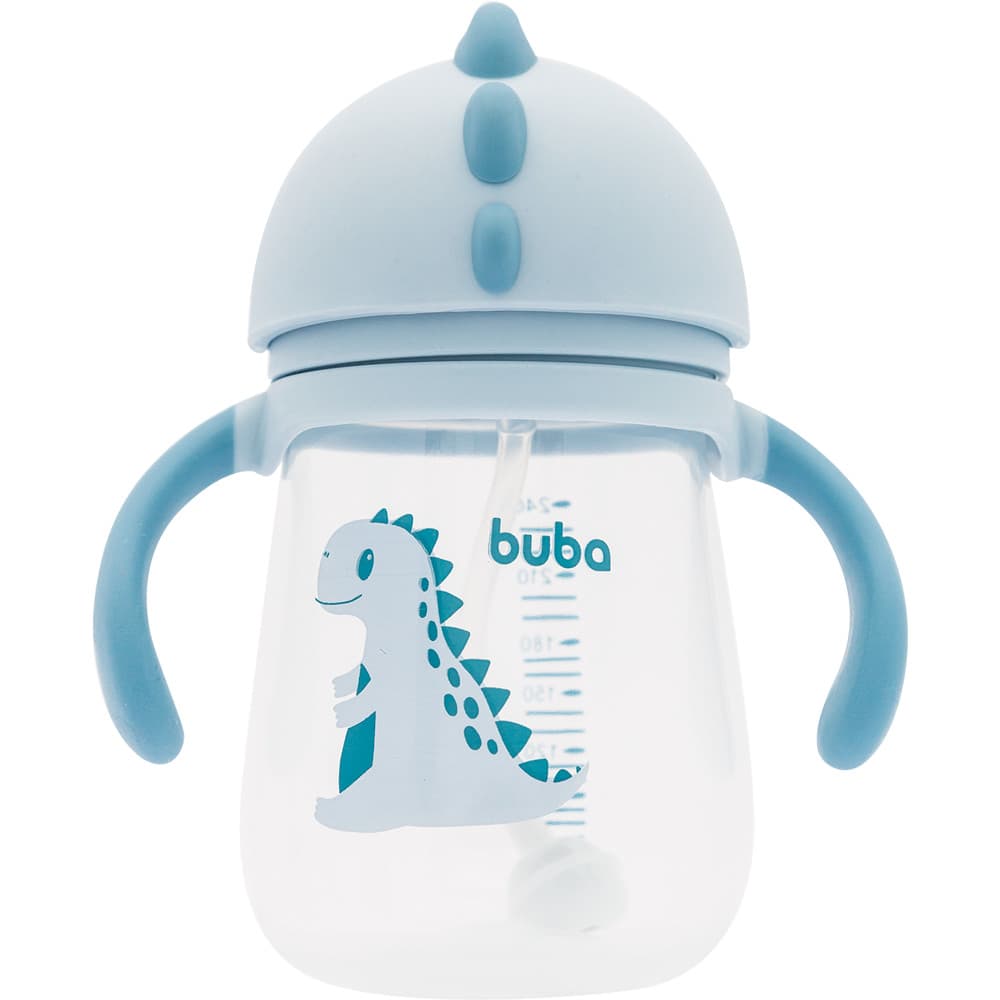 Copo Transição Treinamento Infantil Buba Dino Azul 240ml Com Canudo Silicone e Dispositivo Anti-ar