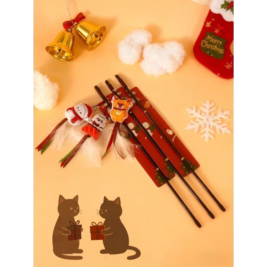 Varinha de Brinquedo para Gatos – Enfeite de Natal com Boneco, Penas e Sino – Modelo Novo 🎄