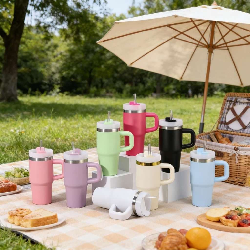 Caneca Térmica 420ml com Alça e Canudo | Copo Inoxidável Isolado para Café e Água