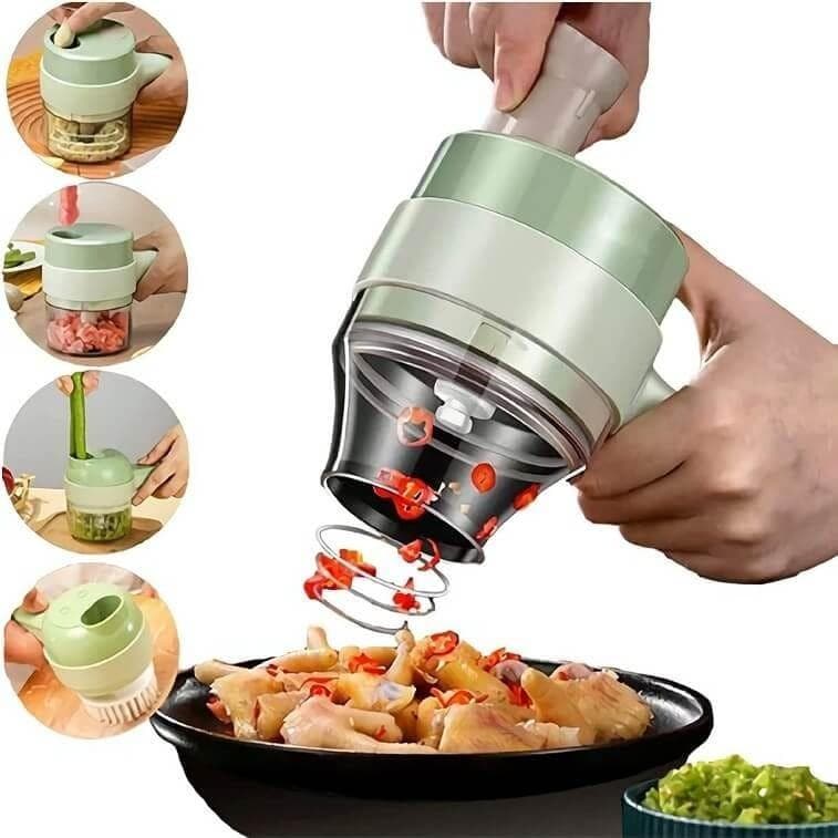 Cortador e Triturador Elétrico 4 em 1 – Legumes e Alho, Sem Fio, Recarregável USB
