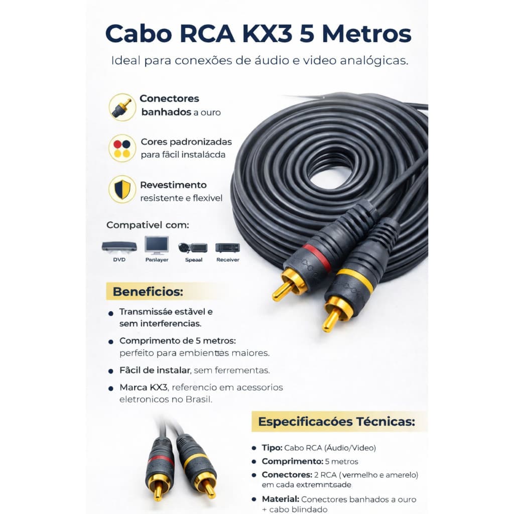 Cabo RCA 5 Metros KX3 com Blindagem simples – Áudio e Vídeo com Qualidade Profissional - Preto