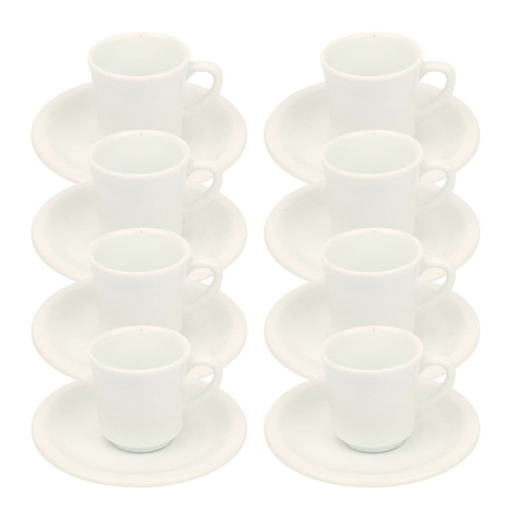 Kit 8 Xícaras de Café com Pires 50ml em Porcelana Branca