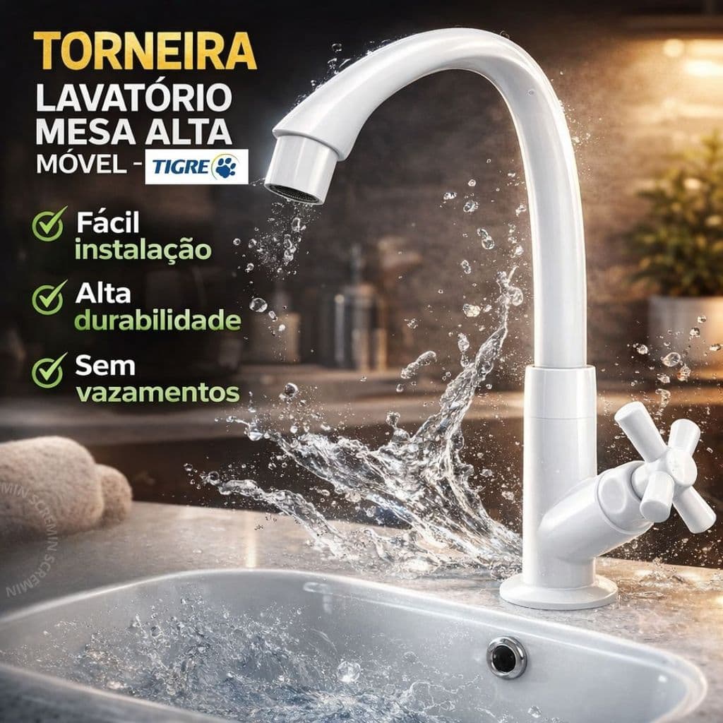 Torneira Lavatório Mesa Alta Tigre Cross Branca Bica Móvel 1/2