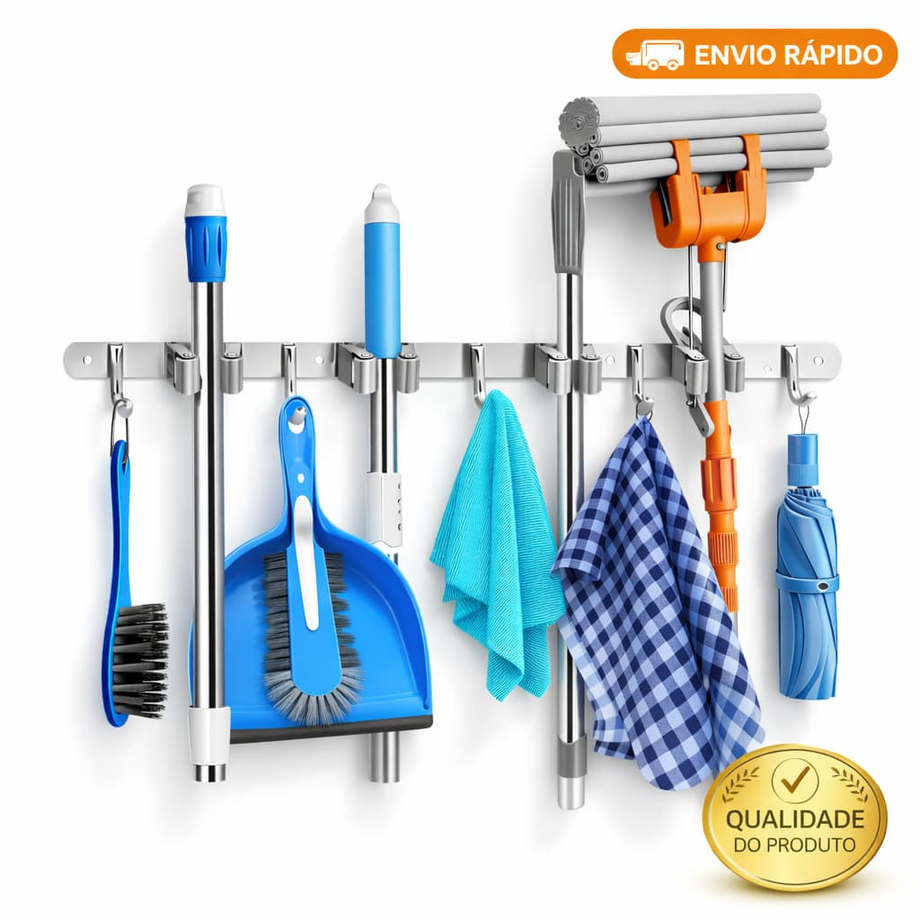 Suporte Inox Parede 7 ou 9 Ganchos Porta Vassoura Mop Rodo Utensílios Limpeza