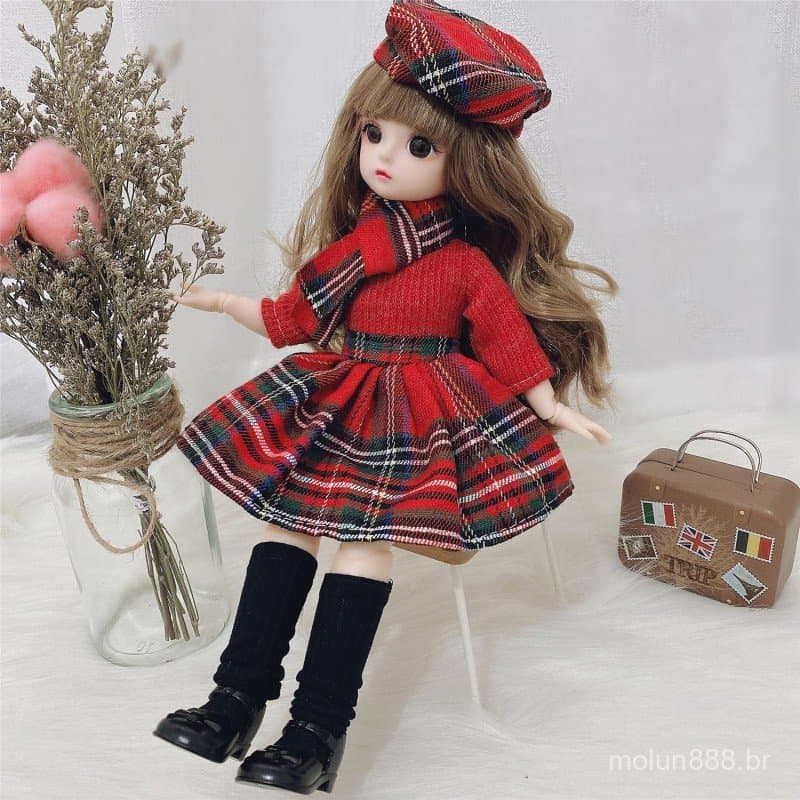 Boneca BJD de 30 cm com 12 Articulações Móveis - Brinquedo de Vestir em Escala 1/6, Olhos Marrons e Roupa de Natal