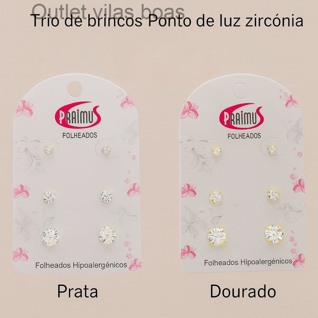 (V)Trio de Brincos Ponto de Luz Zircônia – Folheados Hipoalergênicos (Prata e Dourado)D3UI