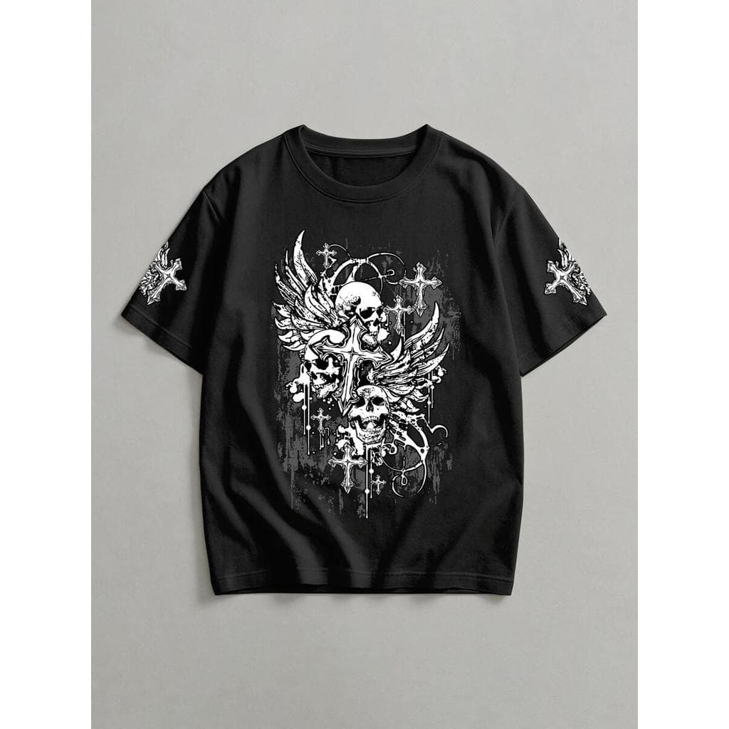 Camiseta Masculina Gótica Estampa Crânio e Cruz Streetwear Casual Confortável Estilo Rock Gótico