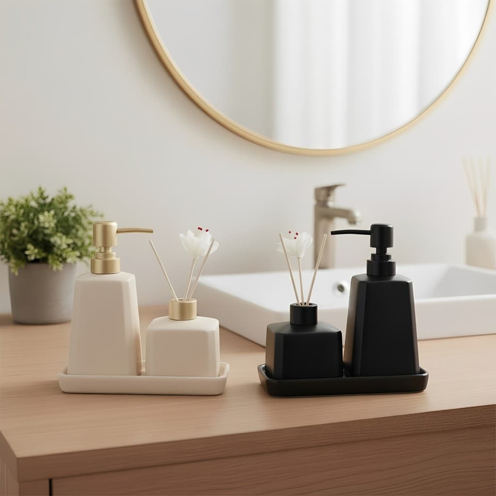Kit Banheiro Lavabo Porcelana Difusor Bandeja Dispenser 3pçs