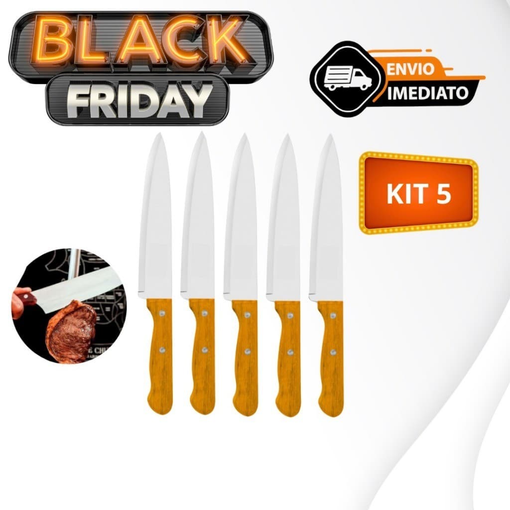 Kit 05 Faca De Cozinha Inox Profissional 7 Do Chef Cabo Madeira 30CM